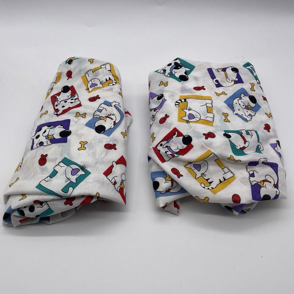 2- Vintage Dundee Baby Blanket Crib Cartoon Dogs & Cats Print Cotton Blend